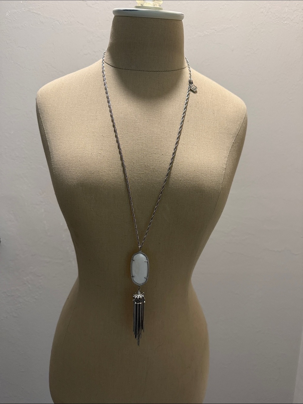 Kendra Scott Long Silver Pendant Necklace with White Stone and Tassel